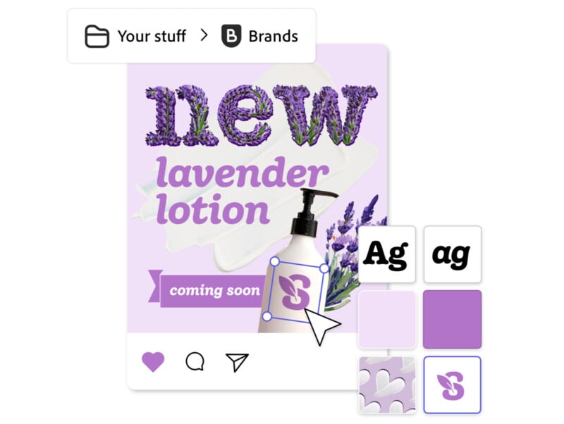 A lavender lotion bottle against an illustration saying 'New lavender lotion.' It is an advertising image for lotion. 