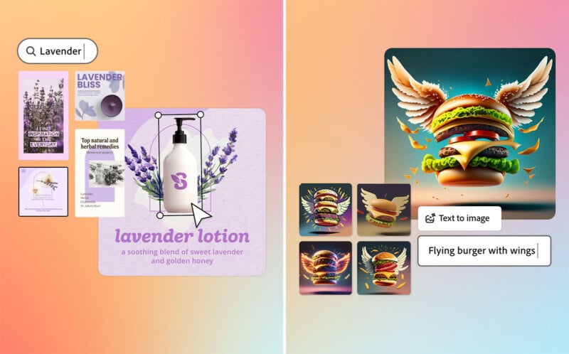 Split image: Left, a lavender body lotion bottle against a purple background, pieces of lavender plant sticking out from each side. On the right, an AI-generated illustration of a cheeseburger with wings. Five different images of a burger with wings. 