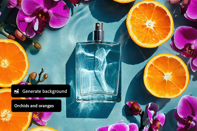 Een parfumfles omringd door sinaasappelschijfjes en paarse orchideeën drijft in het water en creëert een levendige en geurige sfeer.