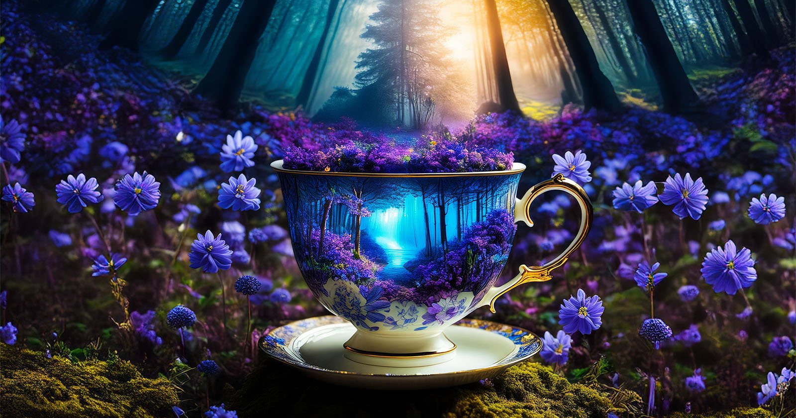A surreal image depicting a porcelain cup on a mossy forest floor, overflowing with purple flowers and a miniature enchanted forest scene glowing within it, surrounded by similar flowers.