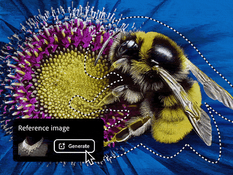 Illustration of a bumblebee feeding on a purple and yellow flower, with vibrant blue background emphasizing the bee's detailed textures and pollen grains.