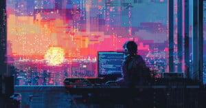 A digital artwork of a person wearing headphones, sitting at a desk with a laptop, against a vibrant pixelated cityscape at sunset. the scene conveys a futuristic, tech-inspired ambiance.