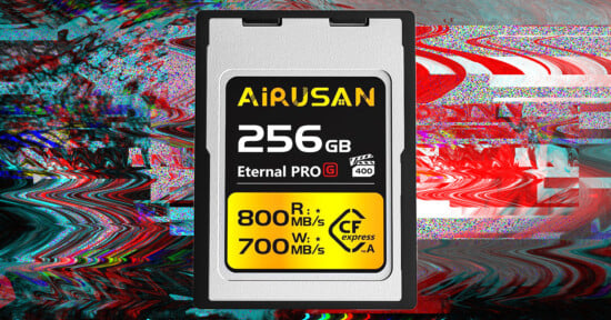 A 256gb "airusan" compact flash memory card with specs labeled 800 mb/s read and 700 mb/s write speed, centered over a colorful, swirling digital art background.
