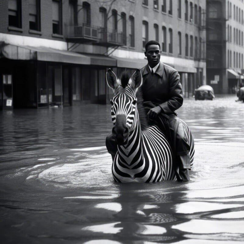A man rides a zebra in a flooded street, with buildings visible in the background, creating a surreal scene in a black and white photograph.