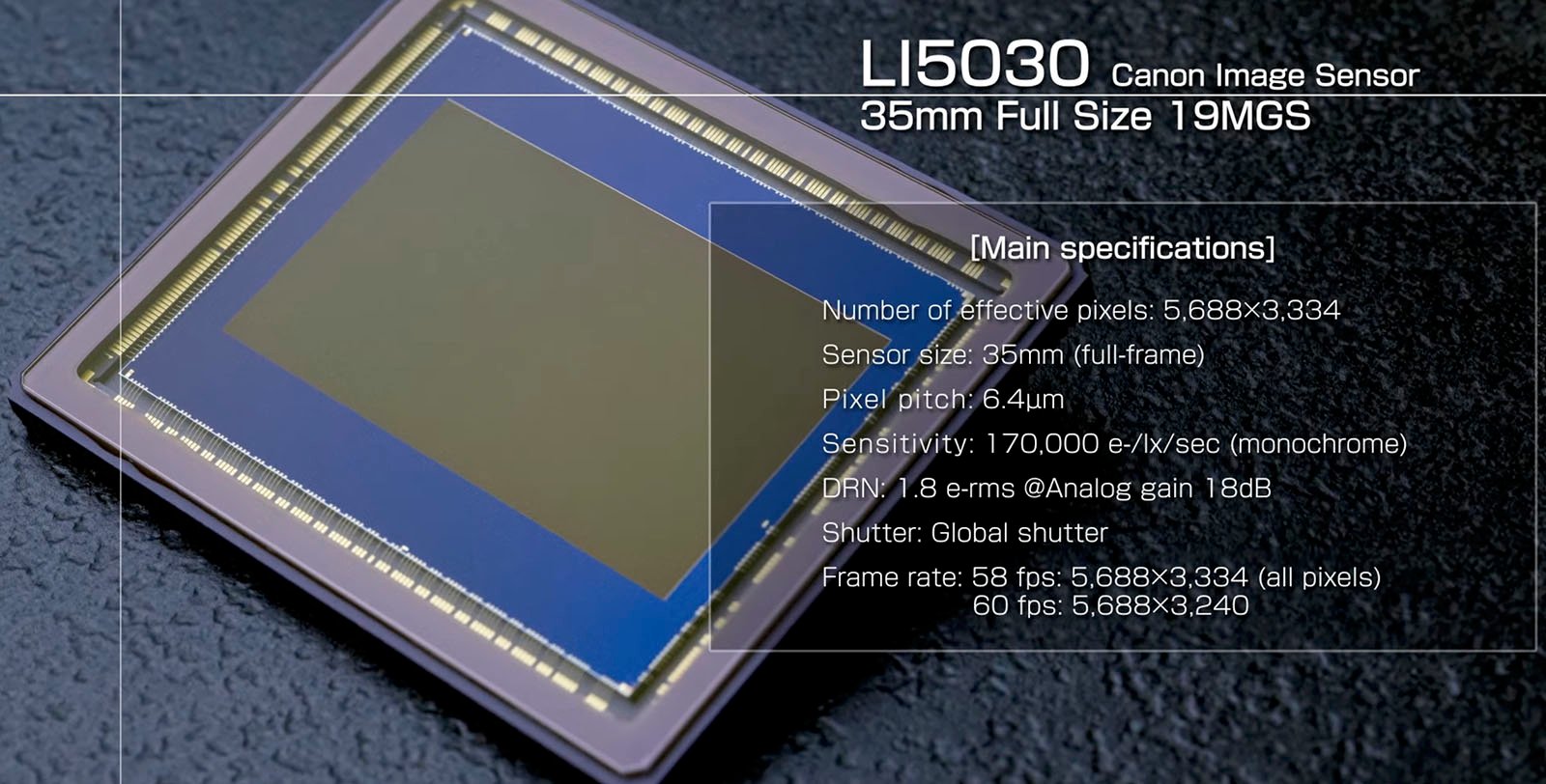 Exposed canon li5030 image sensor with specifications labeled, such as effective pixels, sensor size, and frame rate, on a textured gray background.
