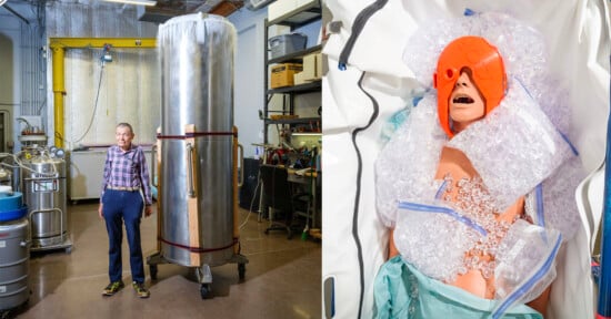 A split image: on the left, a man stands in a lab beside a tall metallic cryogenic tank; on the right, a person lying in a box covered with bubble wrap and ice, wearing an orange face shield.