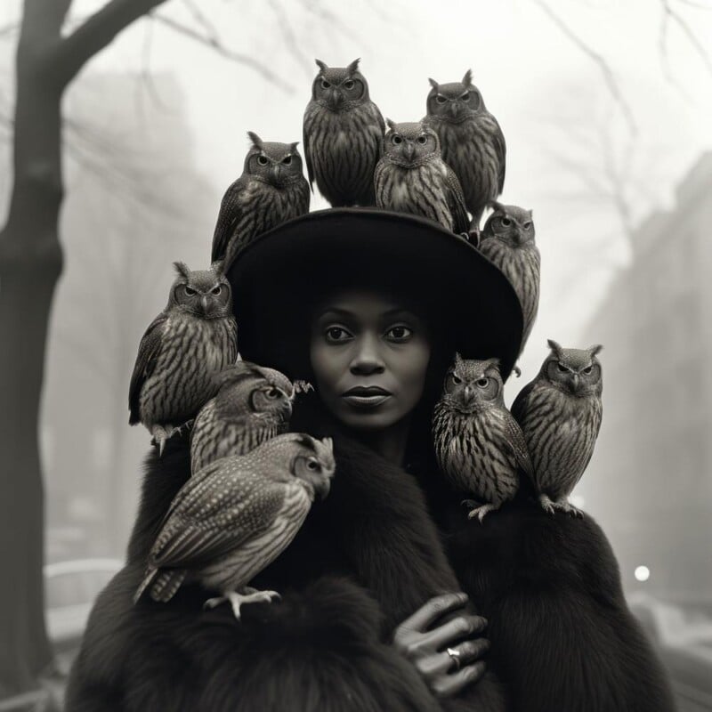 A woman in a wide-brimmed hat and fur coat, surrounded by multiple small owls perched on her hat and shoulders, against a softly blurred city backdrop.