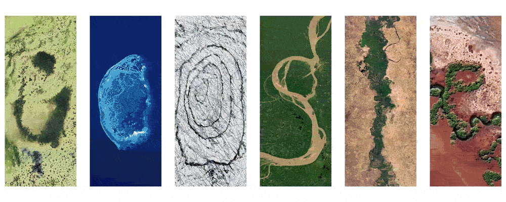 A collage of six aerial photographs featuring diverse landscapes: a lush green forest, a vibrant blue atoll, a detailed tree trunk cross-section, winding river channels, and two arid desert environments.
