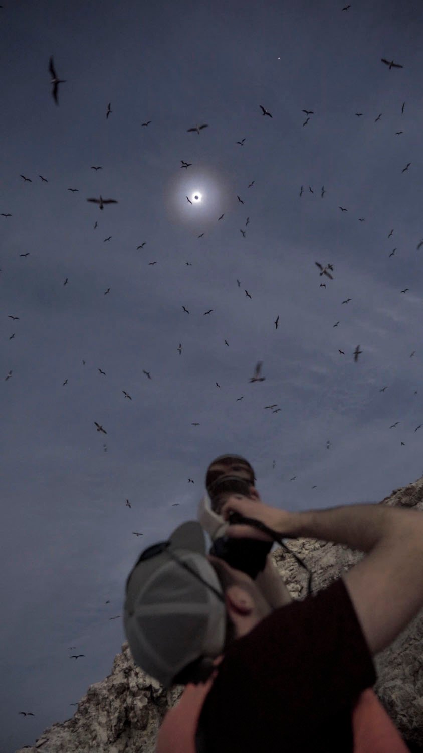 Una persona usa una cámara para fotografiar un eclipse lunar, rodeada de muchas aves voladoras bajo un cielo oscuro.