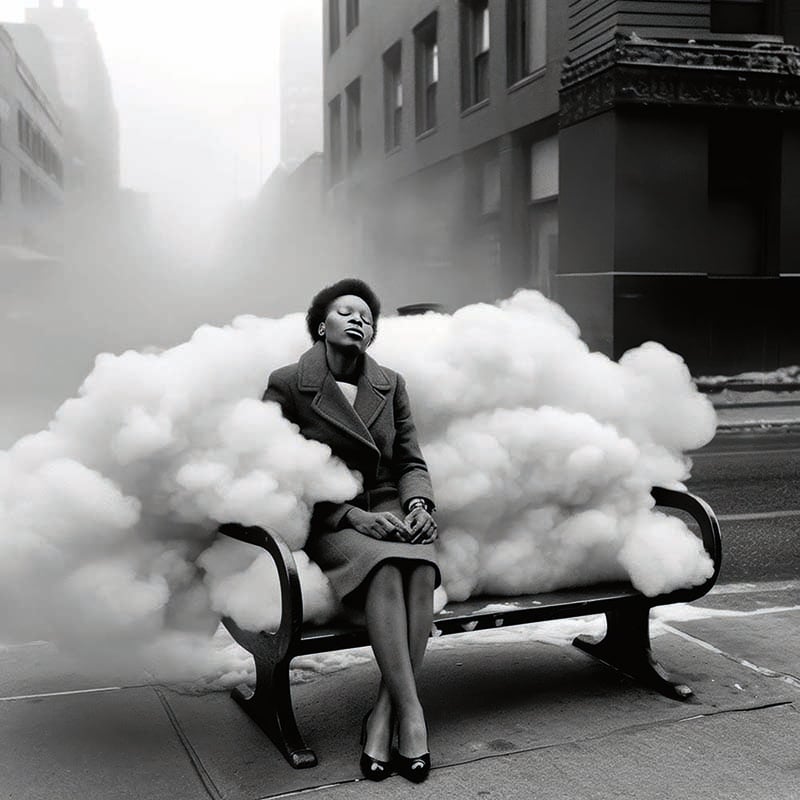 A woman dressed in a formal suit sits on a bench enveloped by whimsical clouds on a city street, her head tilted back and eyes closed.