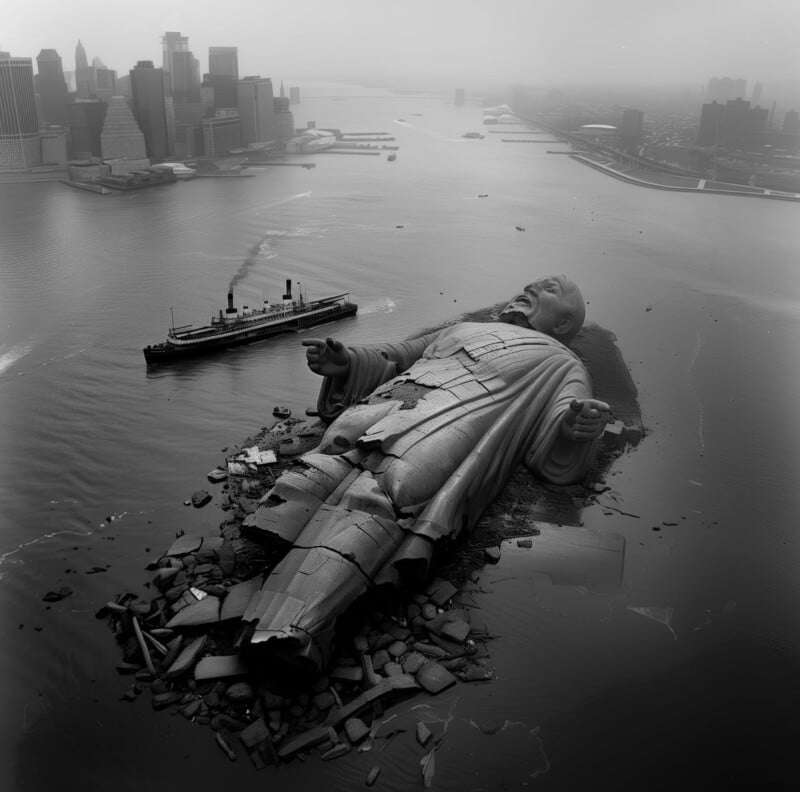 A surreal black and white image of a giant, partially submerged statue of a man in a river near a city skyline, resembling a scene from a dream or a dystopian movie.