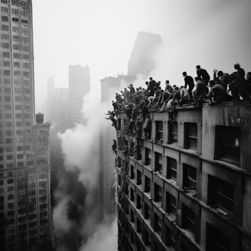 Black-and-white image showing a large group of people sitting along the edge of a rooftop, overlooking a city obscured by thick fog.