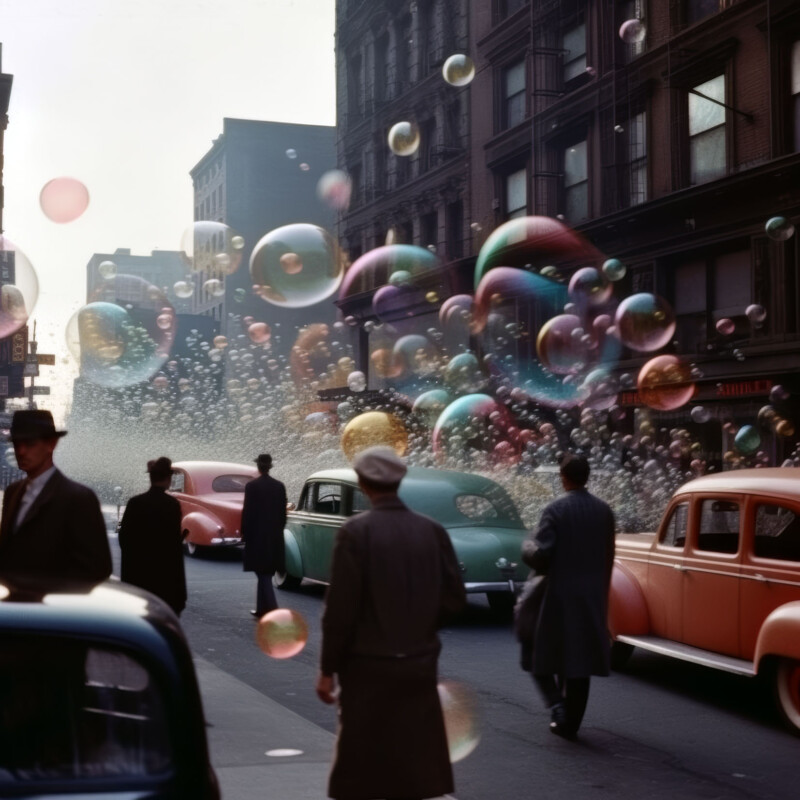 A vibrant, vintage street scene with colorful soap bubbles floating above a crowd and vintage cars, under a clear sky. the atmosphere is whimsical and playful against an urban backdrop.