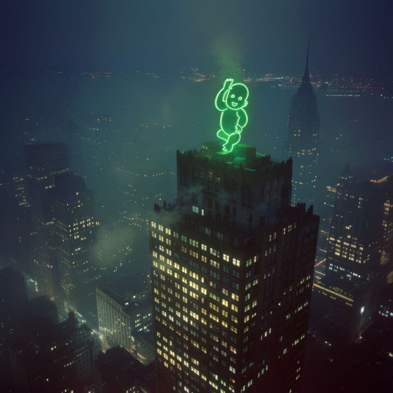 A neon green outline of a rabbit on top of a high-rise building at night, with a foggy cityscape and other skyscrapers in the background.