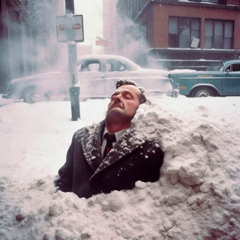 A man in a suit and overcoat reclines comfortably in a thick snow pile on a city street, eyes closed and head tilted back, with snowflakes on his clothing. vintage cars and a snowy cityscape are in the background.