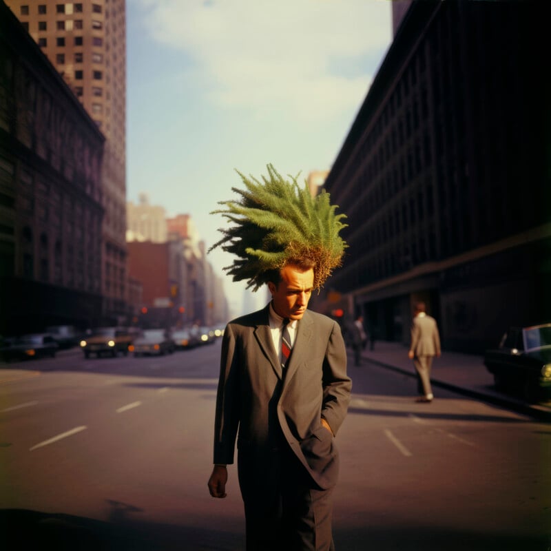 A man in a suit stands in the middle of a city street with a large, bushy green plant substituting his head, blending into the urban scene under a clear sky.
