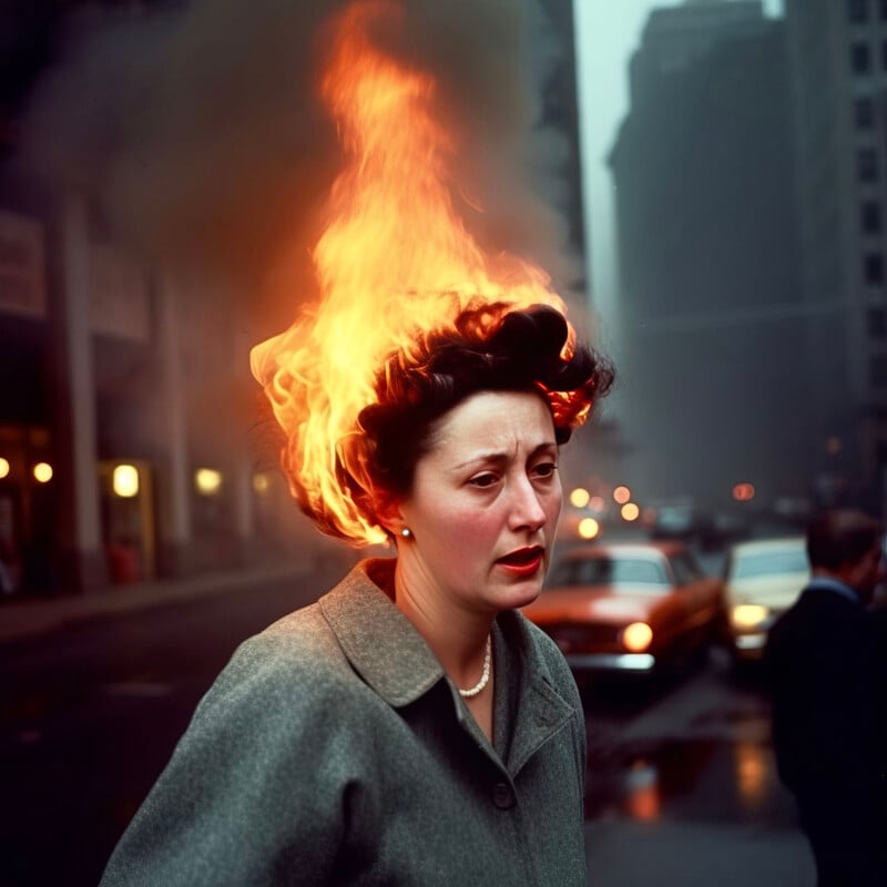 A woman walks calmly down a city street, her head ablaze with fire, against a backdrop of hazy urban buildings and passing cars.