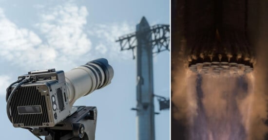 A split image featuring a large telephoto lens camera on the left and a rocket engine firing with visible exhaust on the right against a blurred launch tower.