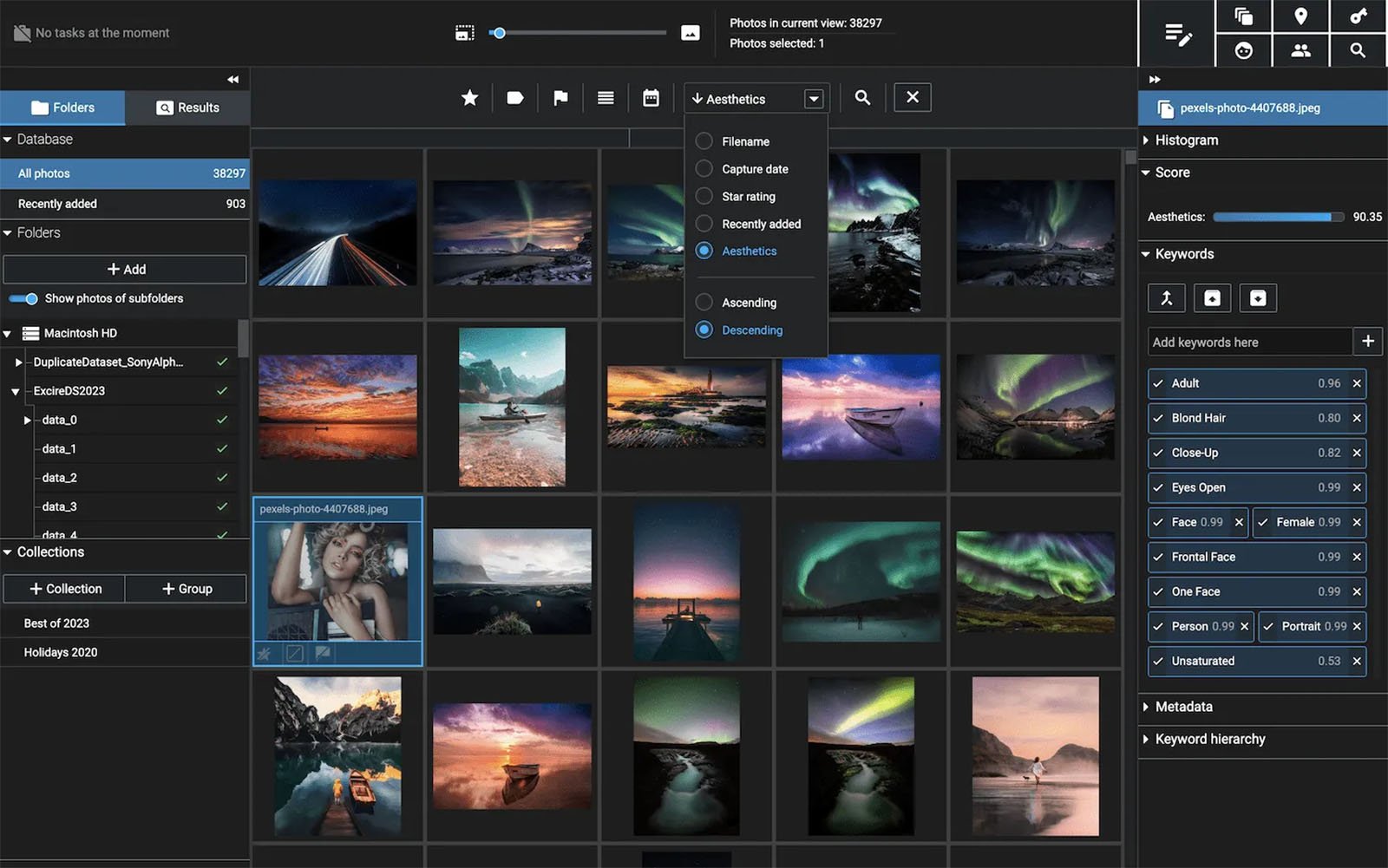 A computer screen displaying a photo management application with various nature and landscape thumbnail images, including sunsets and northern lights. the interface includes sorting options and metadata fields on the right.