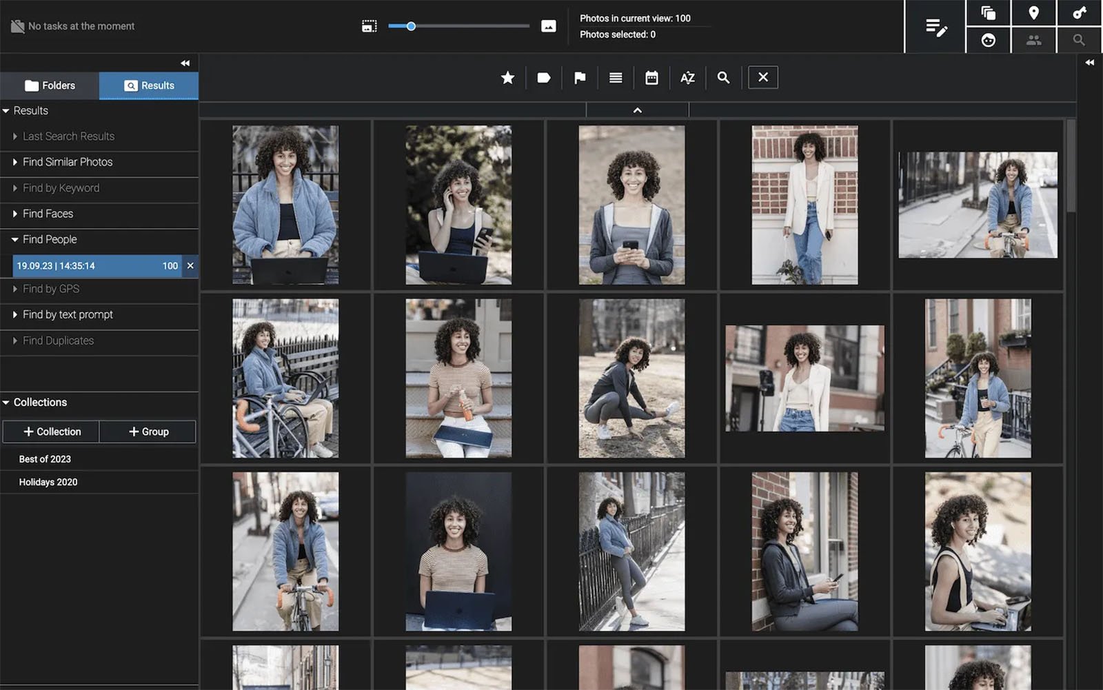 A digital image collection featuring multiple photos of a woman with curly hair in various urban settings, shown in different poses and activities like walking, sitting, and using a laptop.