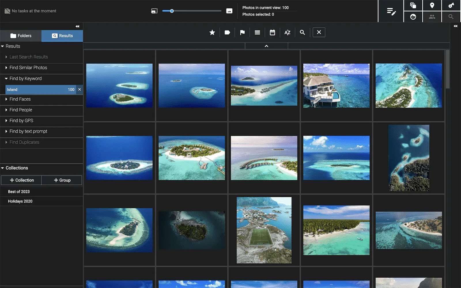 A computer screen displaying a grid of thumbnail images showing various aerial views of tropical islands with vibrant blue waters and lush greenery.