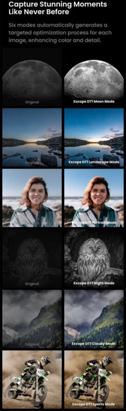 An infographic showcasing a camera feature with six images. each demonstrates the software's effects: Moon, landscape, portrait, night, eagle, and sports modes, showing enhanced detailing and color adjustment.