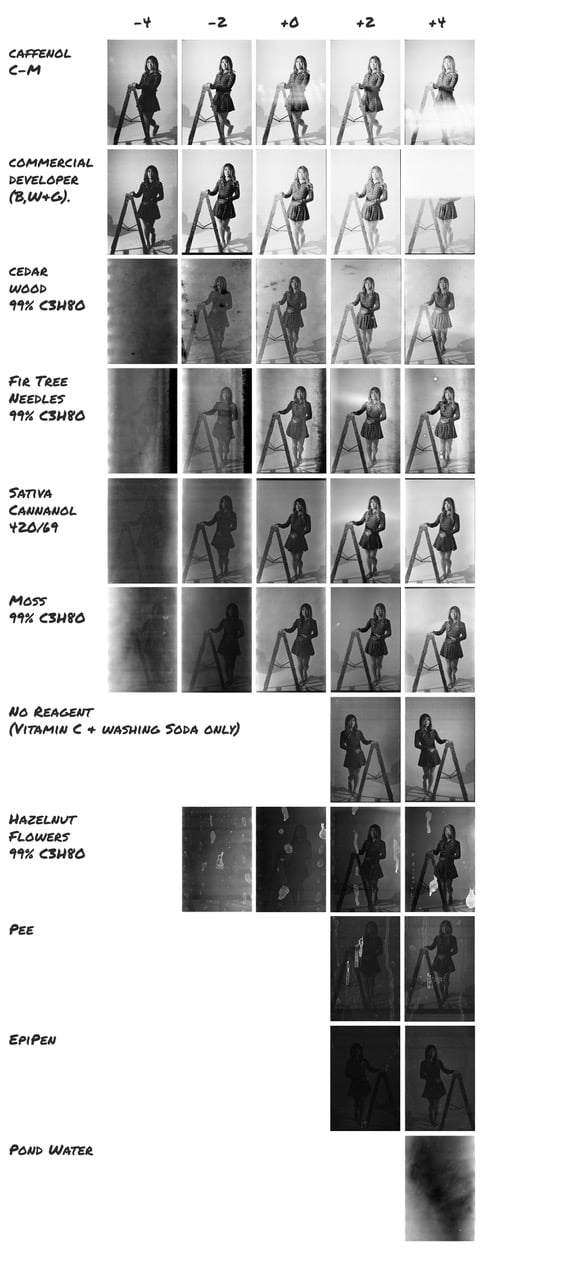 A grid of black-and-white photos depicting a man in various poses and lighting setups, organized by contrast levels and labeled with technical photographic terms.
