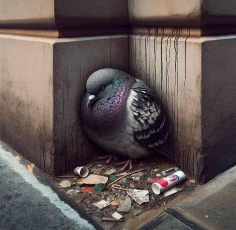 A pigeon tucks itself into the corner of a city building's ledge, surrounded by small pieces of litter like cans and leaves, looking plump and cozy despite the urban environment.