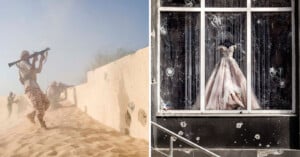 A split image showing contrasting scenes: on the left, a soldier firing a rocket launcher in a sandy desert; on the right, a bullet-riddled window displaying an elegant dress.
