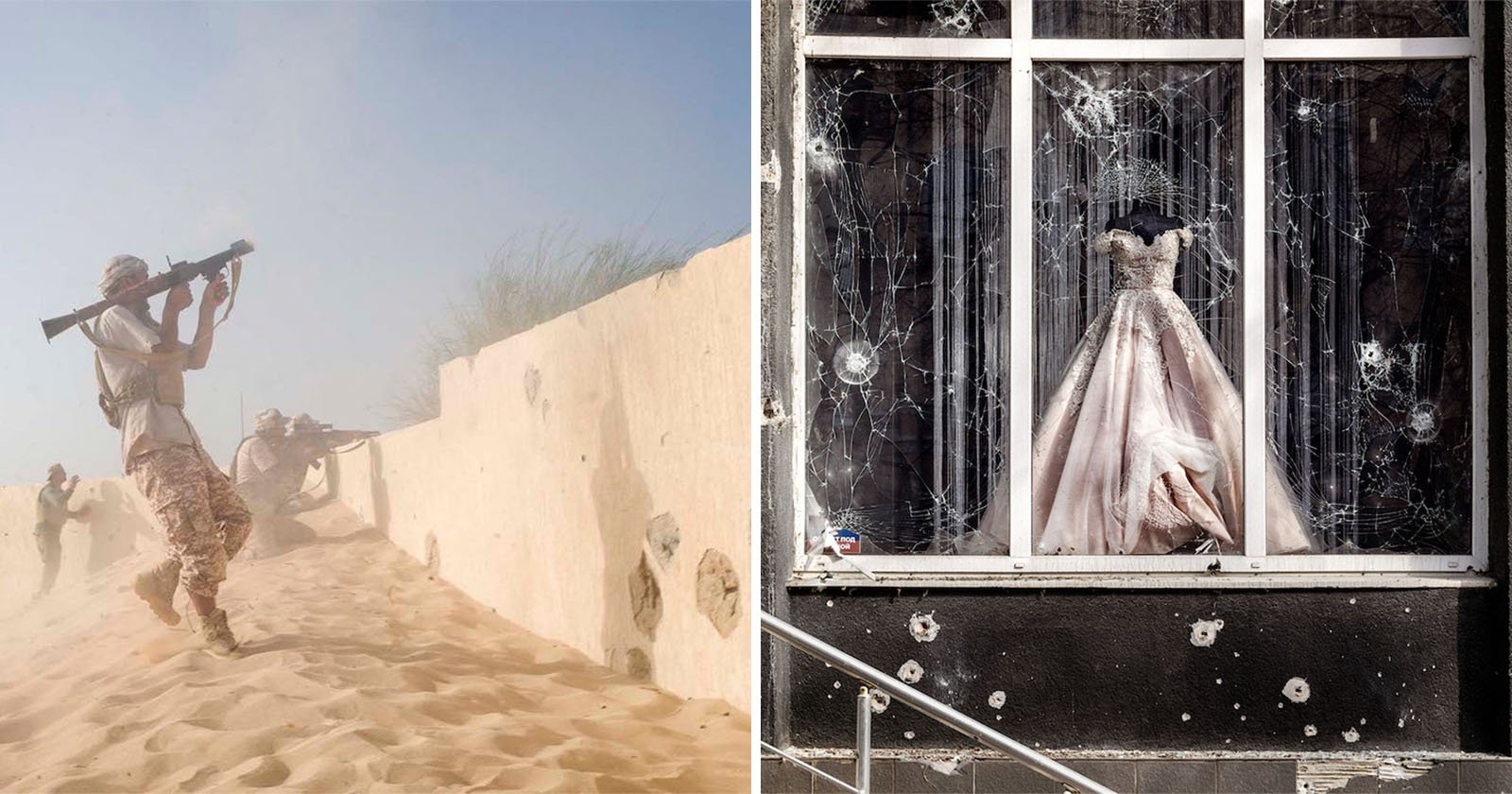 A split image showing contrasting scenes: on the left, a soldier firing a rocket launcher in a sandy desert; on the right, a bullet-riddled window displaying an elegant dress.