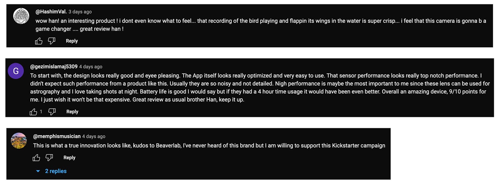 Screenshot of youtube comments under a video, featuring positive reactions from users admiring a product's innovation, performance, and design. one user expresses their intent to support the product on kickstarter.
