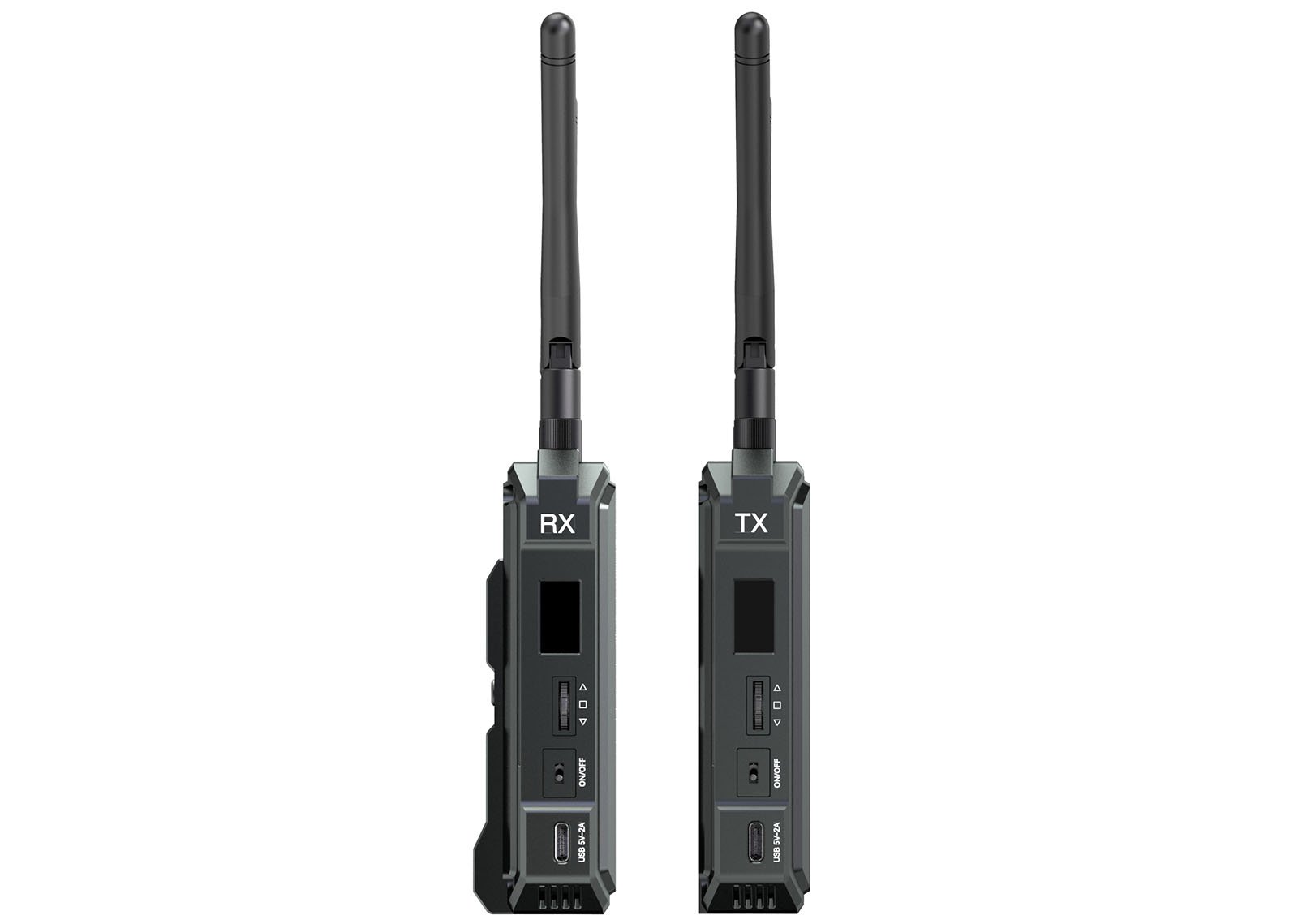 Two wireless audio transmitters, marked rx and tx, each with a tall antenna, display, and control buttons, set against a white background.