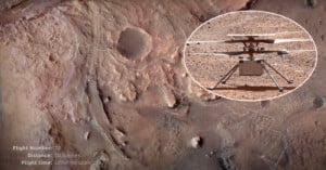 Aerial view of mars' surface with geological features, accompanied by an inset image of the ingenuity helicopter on the ground, and flight data indicating flight number: 72, distance: 10.5 miles, flight time: 127.7 minutes.