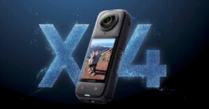 An insta360 camera is displayed prominently with a large, glittery blue "x4" behind it. the camera screen shows two people posing on a mountain, indicating its adventure capture capability.