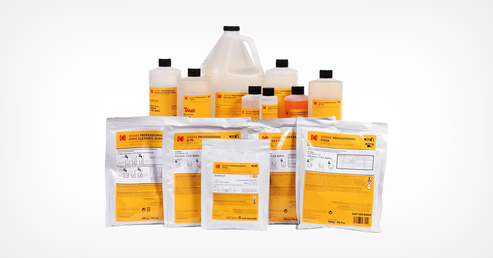 Bags and bottles of Kodak Professional Photo Chemicals against a white background.