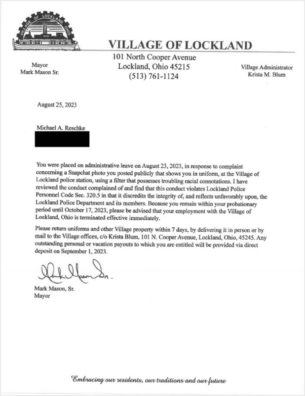 An official letter from the mayor of lockland, dated august 25, 2023, placing a police chief on administrative leave due to a complaint and requesting the chief to remove personal belongings from the police property.