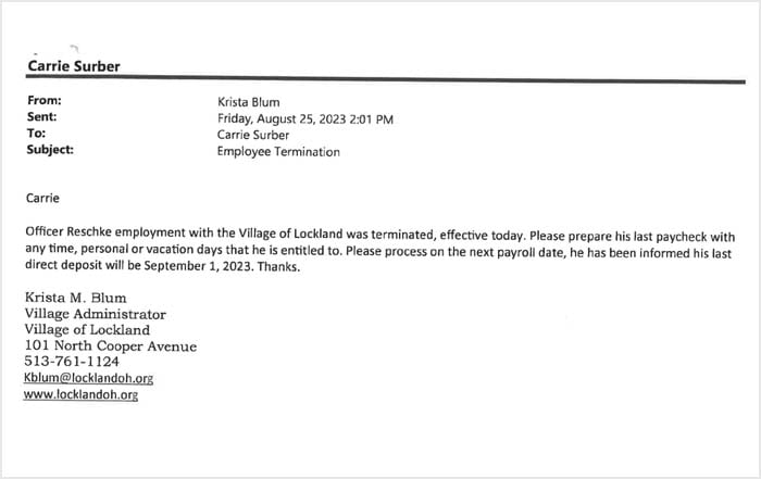 An image of a letter addressed to carrie surber from krista blum dated august 25, 2023, regarding the termination of employment at the village of lockland, with final paycheck details included.