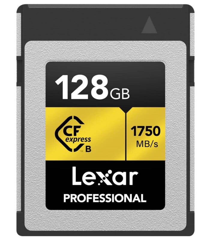 A Lexar CFexpress Type B memory card against a white background.
