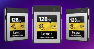 Three angles of the Lexar CFexpress Type B card against a purple gradient.