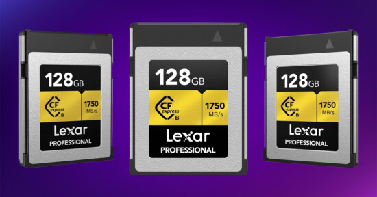 Three angles of the Lexar CFexpress Type B card against a purple gradient.