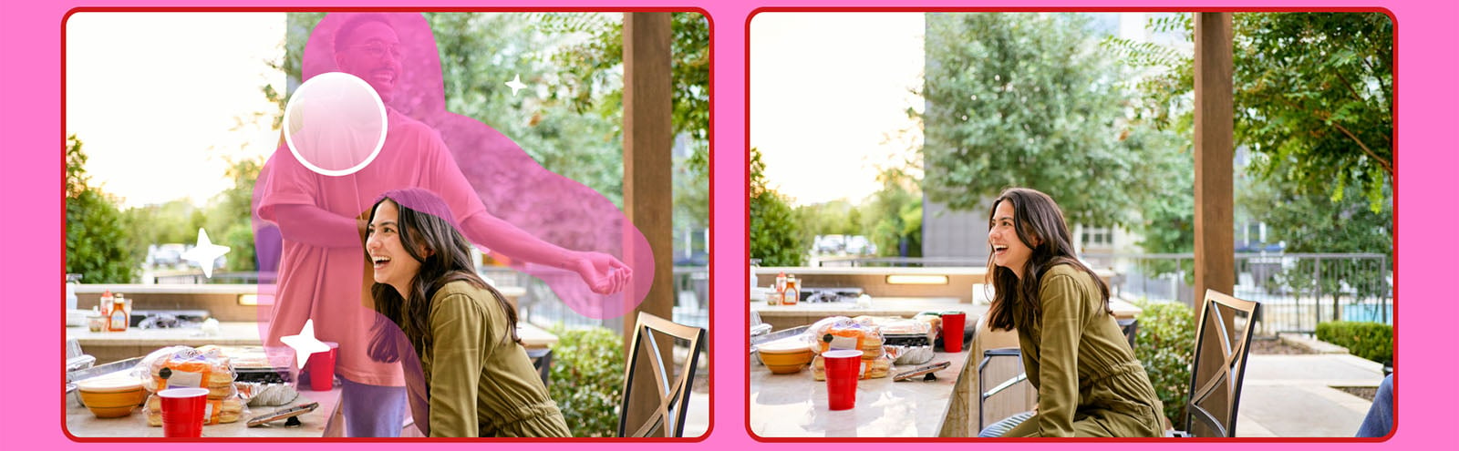  Two-panel image demonstrating the removal of a photobomb. left: a woman at a picnic table with a transparent pink figure overlapping her. right: same woman laughing, pink figure removed for clarity.