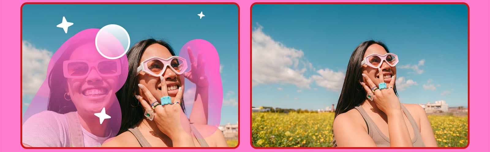 Two-panel image. on the left, two women wearing heart-shaped sunglasses smile in a colorful, graphical overlay. on the right, one woman still in heart-shaped sunglasses, touches her face joyfully in a sunny field.