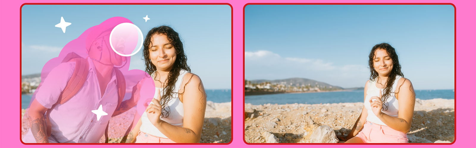 Two images side by side of a woman on a sunny beach; left image obscured by star and circle shapes, right image shows her meditating with closed eyes and a serene expression.