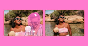 Two-panel image: left panel shows a digitally obscured person next to a woman holding coconuts, while right panel shows the woman alone, smiling by the sea in sunglasses, holding coconuts.