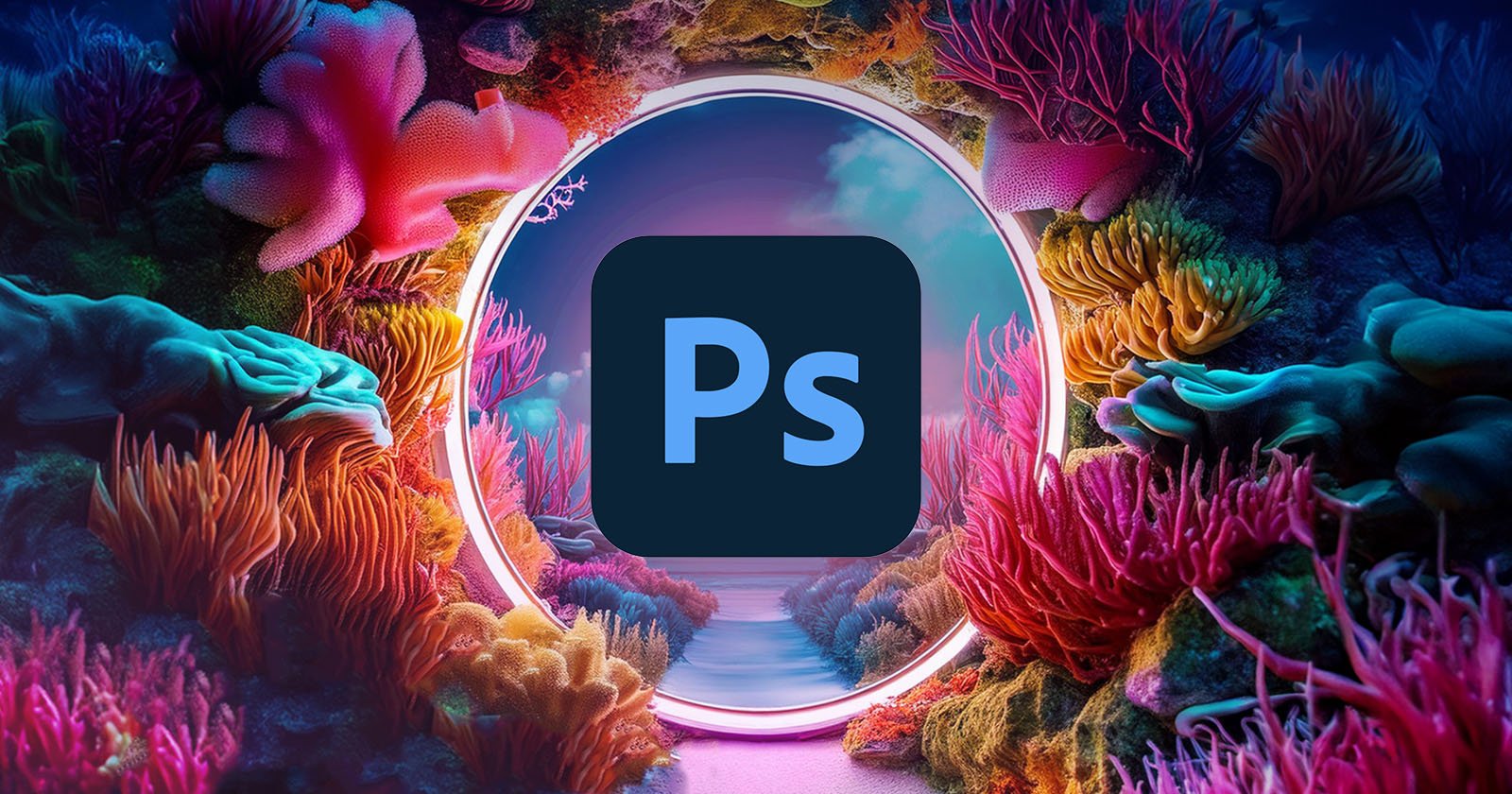 A vibrant digital artwork featuring a portal framed by colorful, lush coral reefs, leading to the adobe photoshop (ps) logo centered against a starry sky.