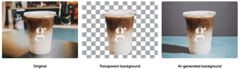 Three images showing a cold coffee drink in a plastic cup with a "g" logo. the first is on a cafe counter, the second has a transparent background, and the third has an ai-generated blurred background.
