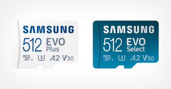 The Samsung EVO Plus and EVO Select microSD cards against a white background.