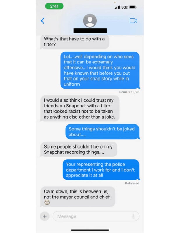 Screenshot of a messaging app conversation on a smartphone discussing the appropriateness of jokes made on a snapchat filter, with one person advising caution and the other responding defensively.