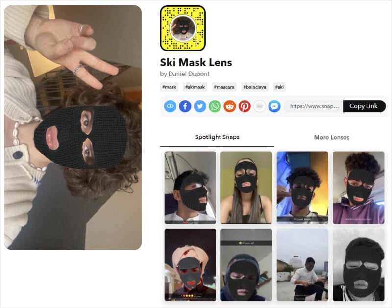 A snapchat lens preview page showing a person in a balaclava mask filter with various user photos below demonstrating the same filter.
