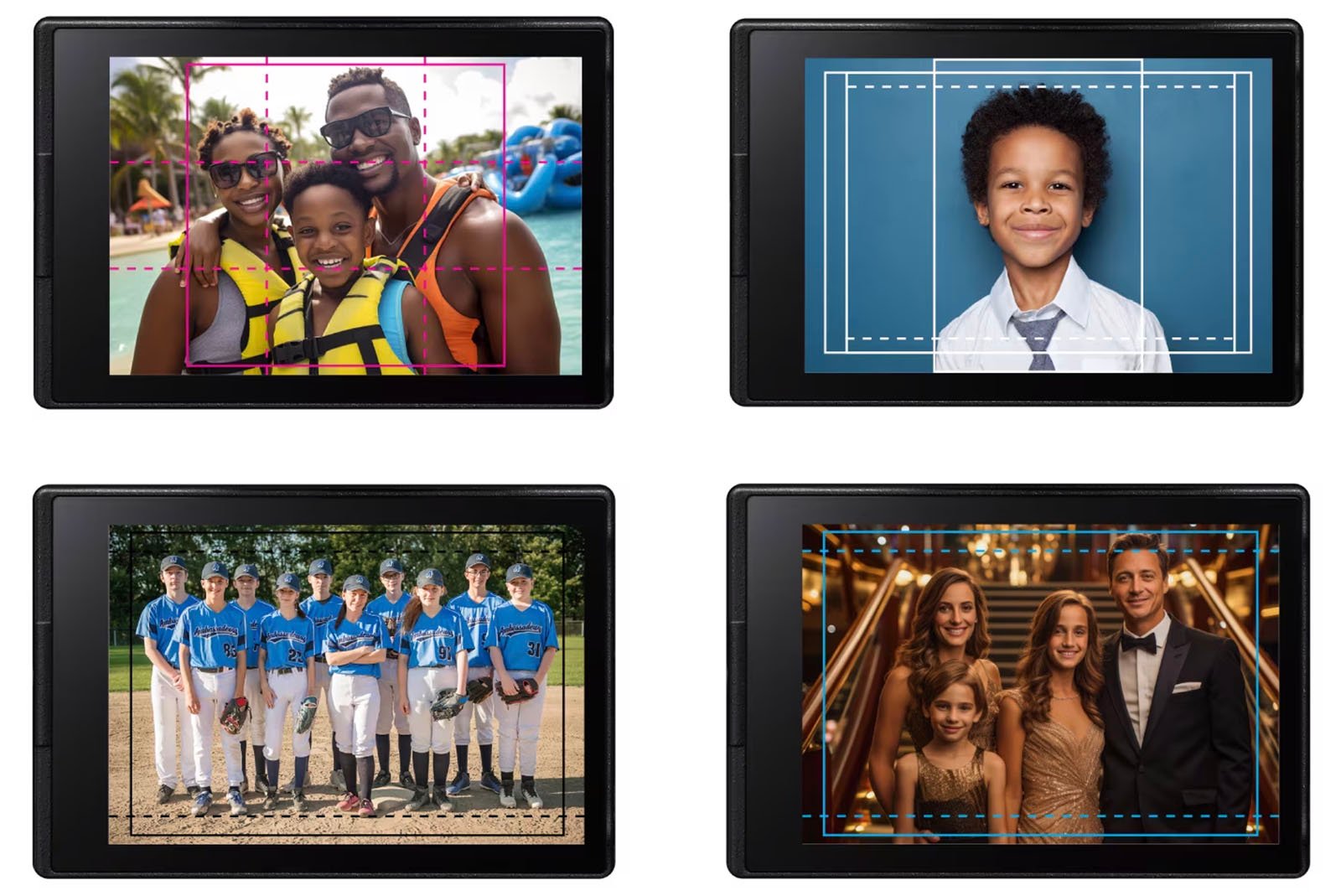 Four framed photos displayed on tablets: a happy black family at an amusement park, a black boy in a school uniform, a baseball team posing on a field, and a smartly dressed white family at a formal event.